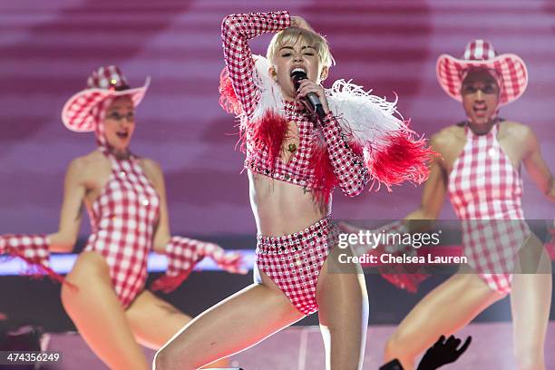 Singer Miley Cyrus performs during her "Bangerz Tour" at Staples Center on February 22, 2014 in Los Angeles, California.