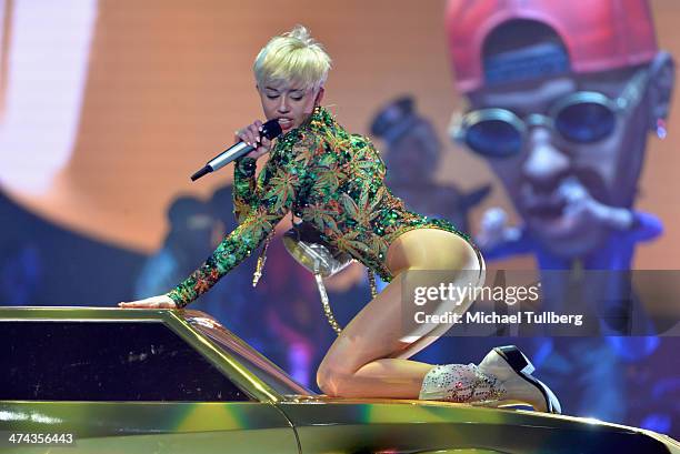 Singer Miley Cyrus performs at Staples Center on February 22, 2014 in Los Angeles, California.