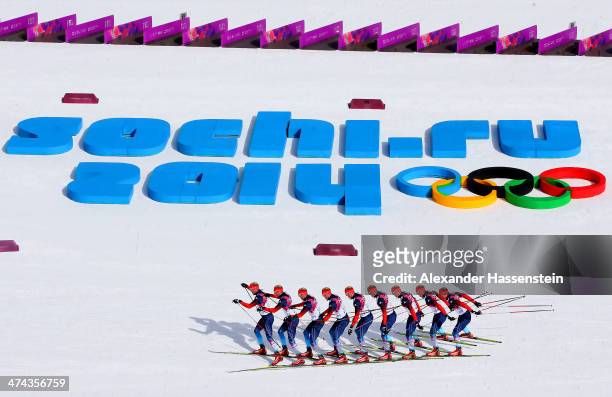 Konstantin Glavatskikh of Russia competes in the Men's 50 km Mass Start Free during day 16 of the Sochi 2014 Winter Olympics at Laura Cross-country...