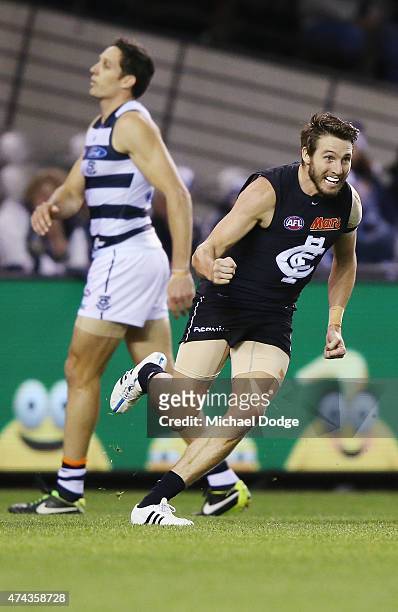 Dale Thomas of the Blues celebrates a goal during the round eight AFL match between the Geelong Cats and the Carlton Blues at Etihad Stadium on May...