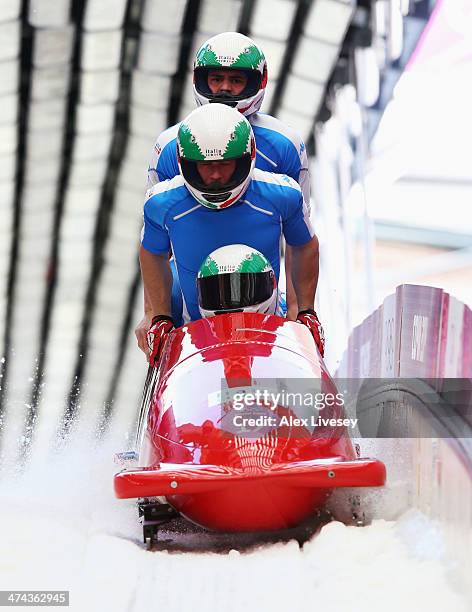 Pilot Simone Bertazzo, Simone Fontana, Samuele Romanini and Francesco Costa of Italy team 1 finish a run during the Men's Four-Man Bobsleigh on Day...