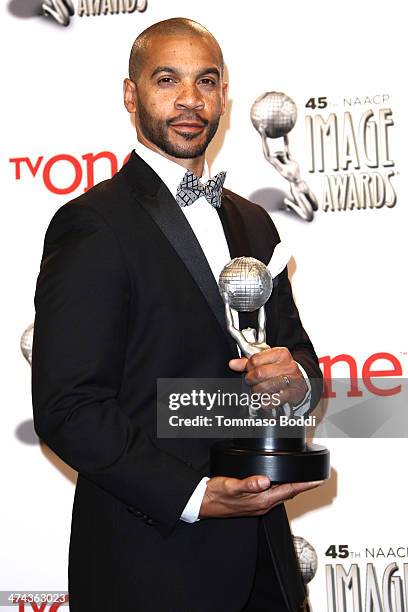 Actor Aaron D. Spears poses at the 45th NAACP Image Awards press room held at the Pasadena Civic Auditorium on February 22, 2014 in Pasadena,...