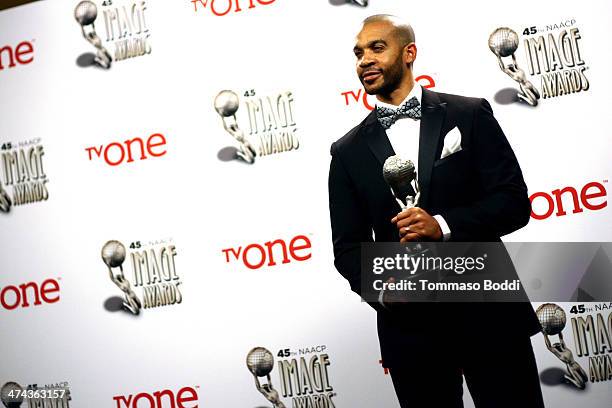 Actor Aaron D. Spears poses at the 45th NAACP Image Awards press room held at the Pasadena Civic Auditorium on February 22, 2014 in Pasadena,...