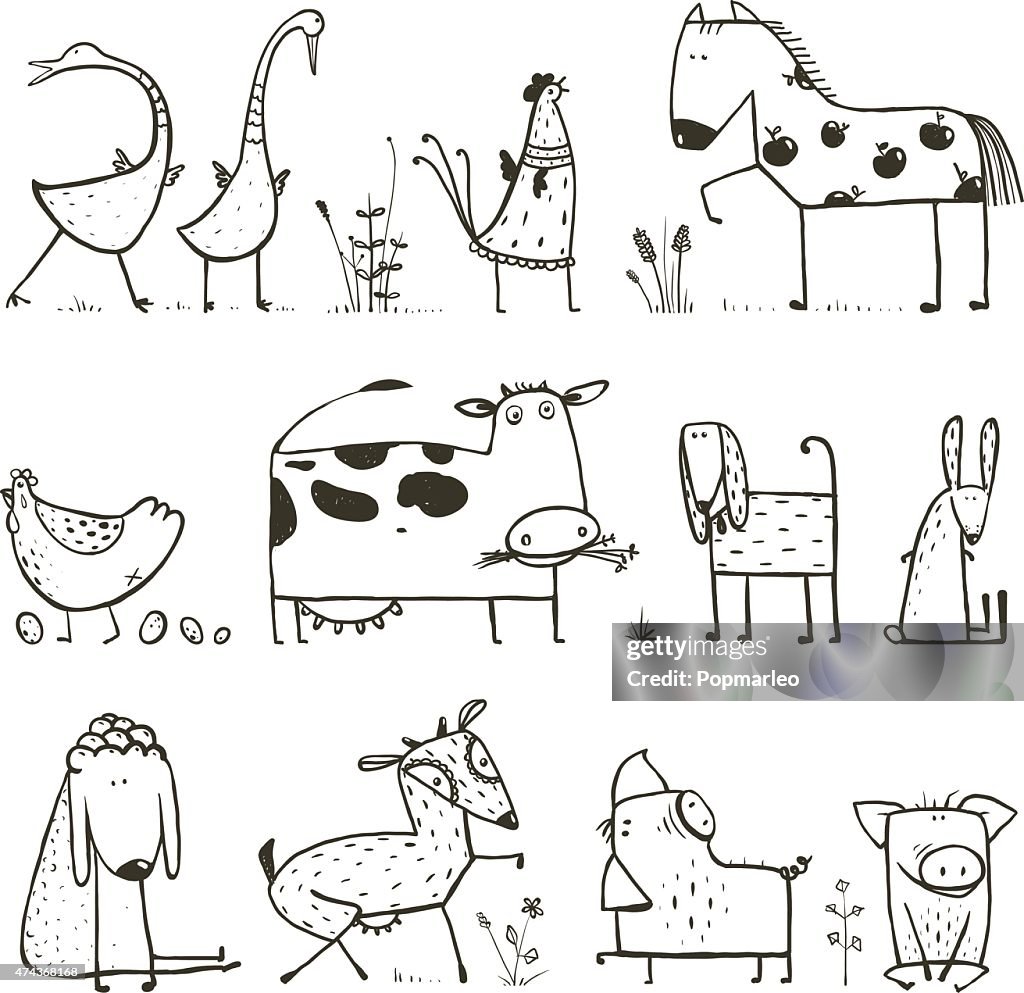 Divertidos Dibujos Animados De Granja Animales Domésticos Para Niños Para  Colorear Página De Ilustración de stock - Getty Images