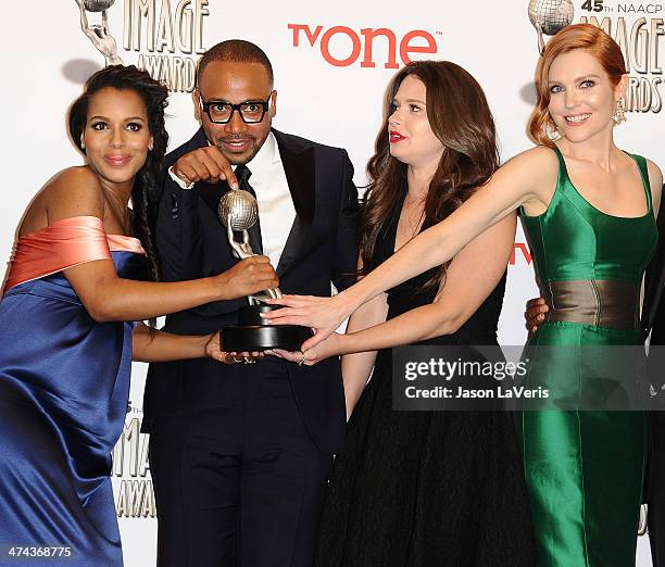 Actors Kerry Washington, Columbus Short, Katie Lowes and Darby Stanchfield, winners of the Outstanding Drama Series award for 'Scandal,' pose in the...