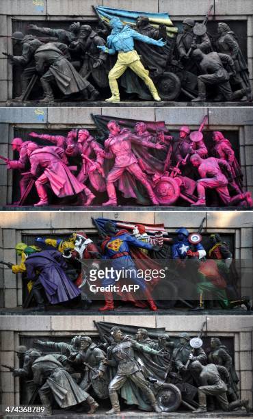 Combo picture taken in Sofia, on February 23, 2014 on August 21 on June 17, 2011 and March 15, 2012 shows the figures of Soviet soldiers at the base...