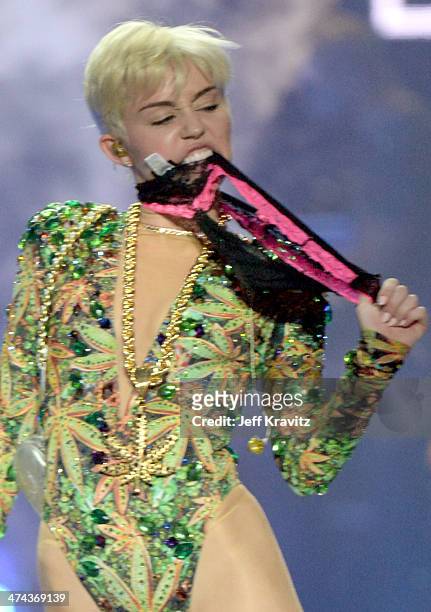 Miley Cyrus performs at Staples Center on February 22, 2014 in Los Angeles, California.