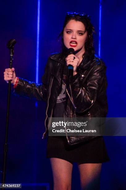 Singer Sky Ferreira performs during the "Bangerz Tour" at Staples Center on February 22, 2014 in Los Angeles, California.