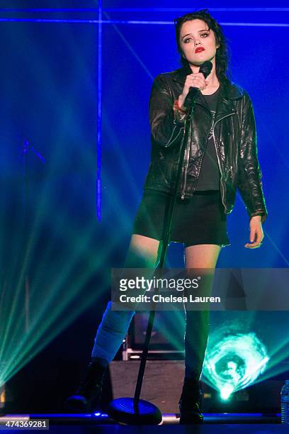 Singer Sky Ferreira performs during the "Bangerz Tour" at Staples Center on February 22, 2014 in Los Angeles, California.