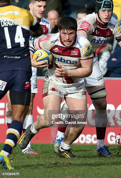 Marc Jones of Sale Sharks attacks the Worcester Warriors defence during the Aviva Premiership match between Worcester Warriors and Sale Sharks at the...