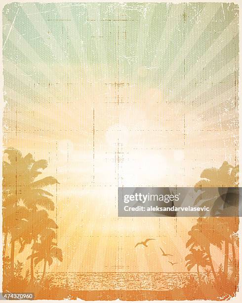 ilustraciones, imágenes clip art, dibujos animados e iconos de stock de póster retro fondo de verano playa tropical - spring break flyer