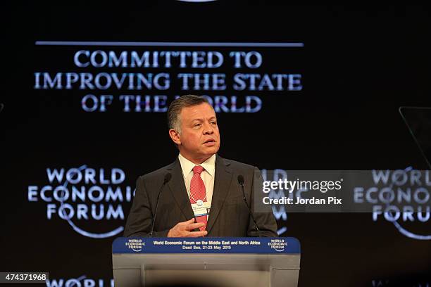 Jordan's King Abdullah II Ibn Al Hussein addresses the audience at the opening of the World Economic Forum on the Middle East and North Africa on May...