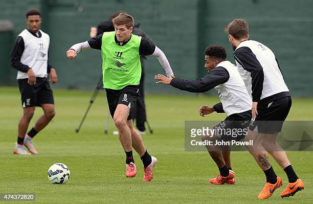 Steven Gerrard of Liverpool during a training session at Melwood Training Ground on May 22, 2015 in Liverpool, England.