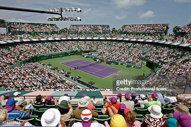 Serena Williams takes on Jelena Jankovic of Serbia during the women's singles final on day thirteen of the Sony Ericsson Open at the Crandon Park...