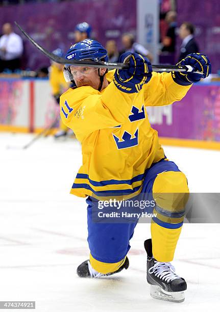 Daniel Alfredsson of Sweden warms up prior to the Men's Ice Hockey Gold Medal match against Canada on Day 16 of the 2014 Sochi Winter Olympics at...