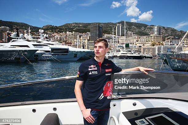 Max Verstappen of Netherlands and Scuderia Toro Rosso is seen on a boat in the harbour during previews to the Monaco Formula One Grand Prix at...
