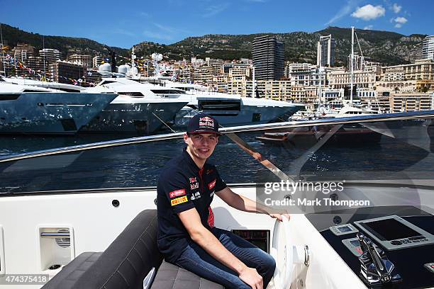 Max Verstappen of Netherlands and Scuderia Toro Rosso is seen on a boat in the harbour during previews to the Monaco Formula One Grand Prix at...