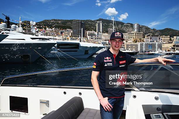 Max Verstappen of Netherlands and Scuderia Toro Rosso is seen on a boat in the harbour during previews to the Monaco Formula One Grand Prix at...