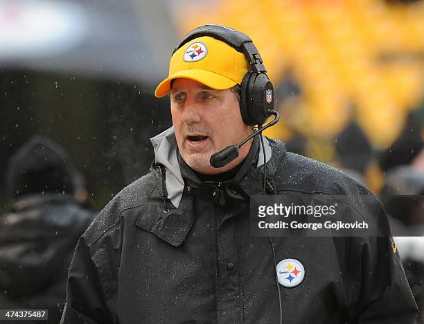 Linebackers coach Keith Butler of the Pittsburgh Steelers looks on from the sideline during a game against the Cleveland Browns at Heinz Field on...