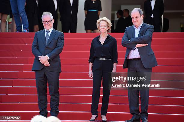 Thierry Fremaux, Frederique Bredin and Pierre Lescure attend the "Valley Of Love" Premiere during the 68th annual Cannes Film Festival on May 22,...