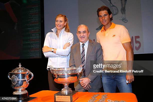 Tennis player Maria Sharapova, President of French Tennis Federation Jean Gachassin and Tennis player Rafael Nadal attend the 2015 Roland Garros...