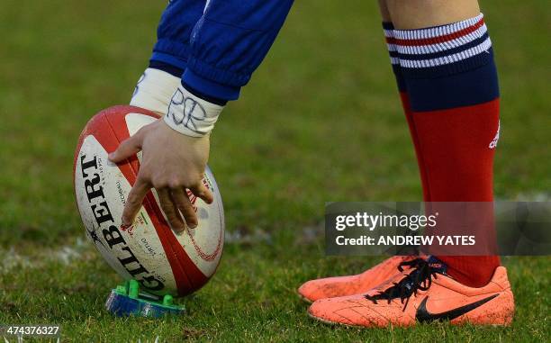 Ball is placed on a kicking tee ahead of the U-20 rugby union Six Nations Championship match between Wales and France at Parc Eirias in Colwyn Bay,...