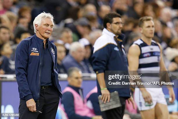 An exasperated Mick Malthouse looks on during the round eight AFL match between the Geelong Cats and the Carlton Blues at Etihad Stadium on May 22,...