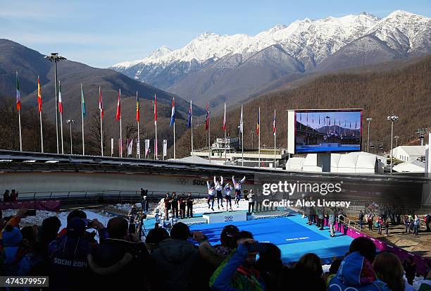 Silver medalist Latvia team 1, gold medalist Russia team 1 and bronze medalist the United States team 1 on the podium during the medal ceremony for...