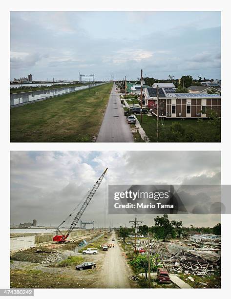 New homes stand along the rebuilt Industrial Canal levee in the Lower Ninth Ward on May 16, 2015 in New Orleans, Louisiana. The tenth anniversary of...