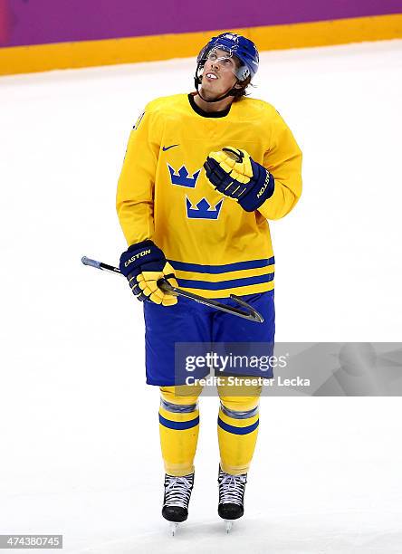 Loui Eriksson of Sweden takes a break during the Men's Ice Hockey Gold Medal match against Canada on Day 16 of the 2014 Sochi Winter Olympics at...