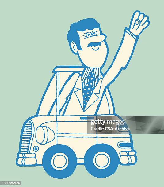 ilustraciones, imágenes clip art, dibujos animados e iconos de stock de saludar con la mano del hombre coche pequeño - coche pequeño