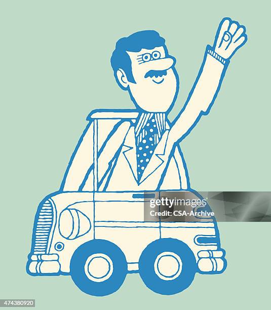man waving from tiny car - compact car stock illustrations