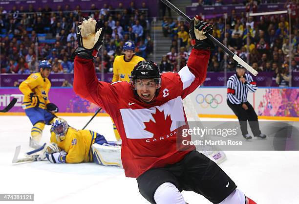 Sidney Crosby of Canada celebrates after scoring his team's second goal in the second period during the Men's Ice Hockey Gold Medal match against...