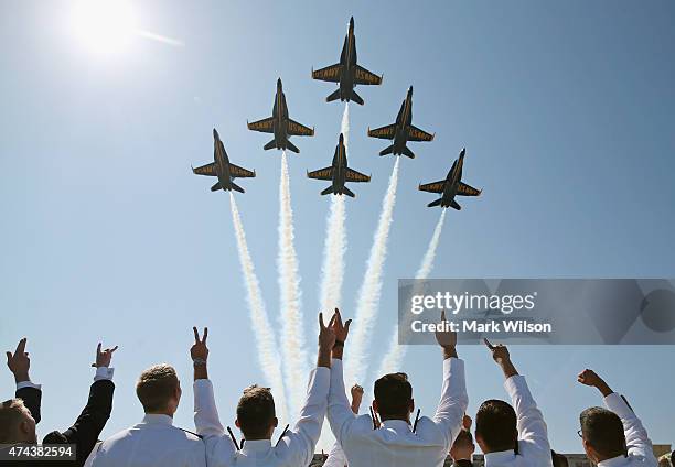 The U.S. Navy Blue Angels fly over graduation ceremonies at the U.S. Naval Academy May 22, 2015 in Annapolis, Maryland. U.S. Vice President Joseph...