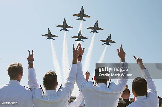 The U.S. Navy Blue Angels fly over graduation ceremonies at the U.S. Naval Academy May 22, 2015 in Annapolis, Maryland. U.S. Vice President Joseph...