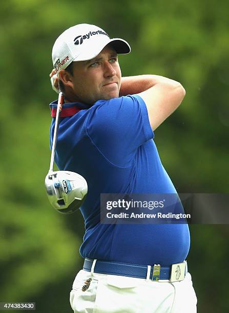 Jason Barnes of England tees off on the 3rd hole during day 2 of the BMW PGA Championship at Wentworth on May 22, 2015 in Virginia Water, England.