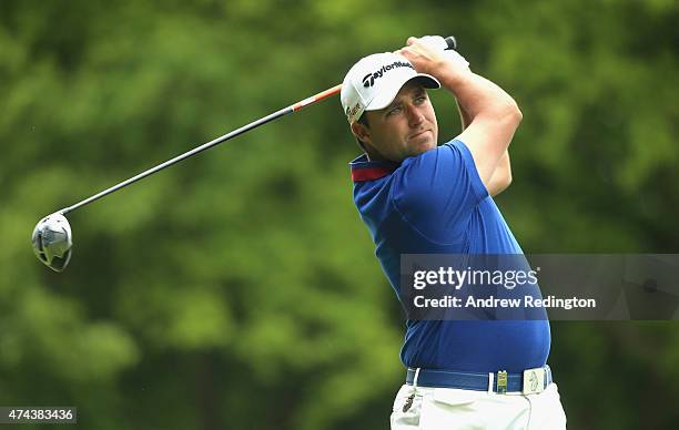 Jason Barnes of England tees off on the 3rd hole during day 2 of the BMW PGA Championship at Wentworth on May 22, 2015 in Virginia Water, England.