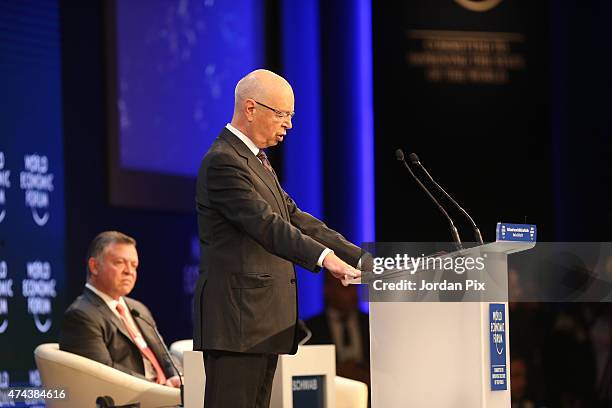 Klaus Schwab , Founder and Executive Chairman, World Economic Forum, welcomes Jordan's King Abdullah II Ibn Al Hussein at the opening of the World...