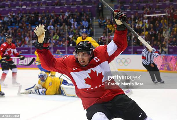 Sidney Crosby of Canada celebrates after scoring his team's second goal in the second period during the Men's Ice Hockey Gold Medal match against...