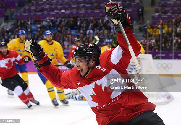 Sidney Crosby of Canada celebrates after scoring his team's second goal in the second period during the Men's Ice Hockey Gold Medal match against...
