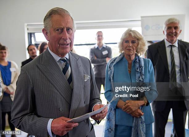 Prince Charles, Prince of Wales makes a speech as he visits with Camilla, Duchess of Cornwall the Corrymeela Community Ballycastle on May 22, 2015 in...