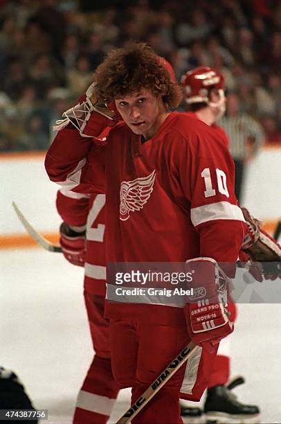 Ron Duguay of the Detroit Red Wings checks his hair during a break against the Toronto Maple Leafs during game action at Maple Leaf Gardens in...
