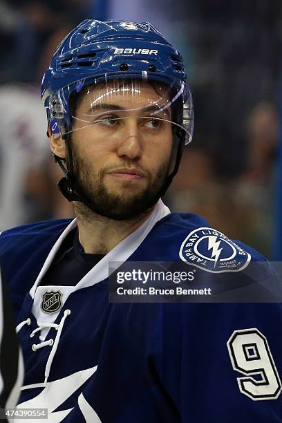 Tyler Johnson of the Tampa Bay Lightning looks on against the New York Rangers during Game Three of the Eastern Conference Finals during the 2015 NHL...