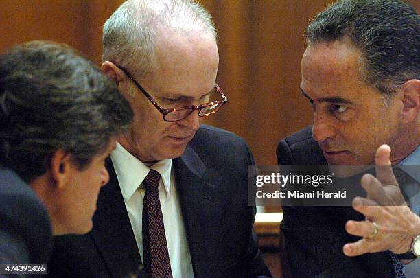 Ed Locascio, center, listens to his attorneys Robert Amsell, right, and David Raben on Feb. 20, 2007 during the opening day of his trial in Miami,...