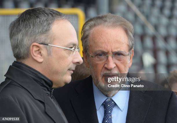 Franco Soldati president of Udinese and Gianpaolo Pozzo, past president of Udinese before the Serie A match between Udinese Calcio and Atalanta BC at...