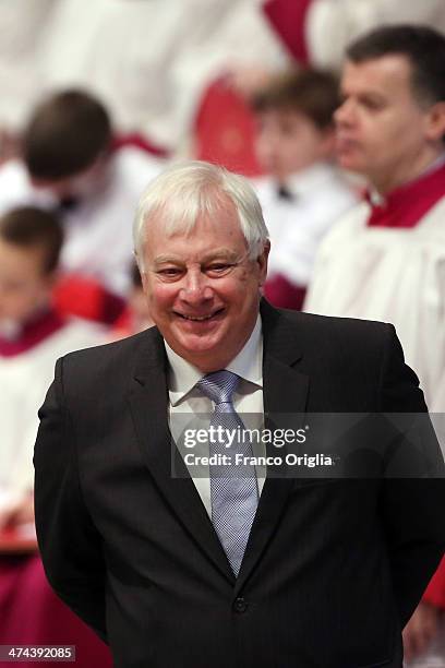 Lord Chris Patten attends a mass with newly appointed cardinals held by Pope Francis at St Peter's Basilica on February 23, 2014 in Vatican City,...