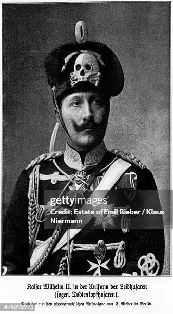 German emperor Kaiser Wilhelm II of Germany in the uniform of the 1st Life Hussar Regiment, or Death's Head Hussars, circa 1900.