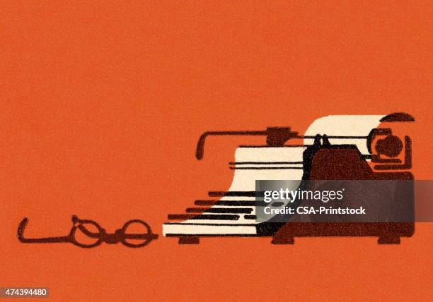 illustrazioni stock, clip art, cartoni animati e icone di tendenza di macchina da scrivere e gli occhiali - macchina da scrivere