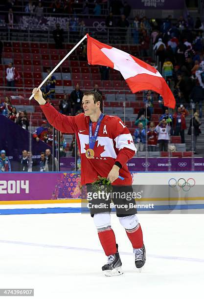 Jonathan Toews of Canada celebrates with his gold medal following his team's 3-0 victory during the Men's Ice Hockey Gold Medal match against Sweden...