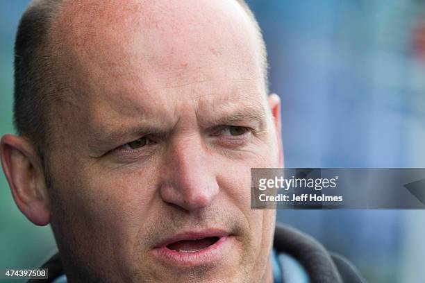 Coach Gregor Townsend of Glasgow Warriors speaks ahead of the Pro12 Semi Final between Glasgow and Ulster at Scotstoun Stadium on May 22, 2015 in...